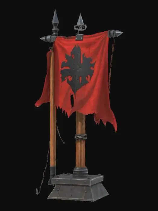3D model for A stylized medieval war banner stand with a rugged, battle-worn design. The structure consists of a thick wooden post reinforced with jagged black metal plates and spikes. A tattered red banner with a dark emblem hangs from a sturdy wooden crossbeam, secured by heavy metal chains. The base is reinforced with sharp, uneven black metal, giving it a brutal, fortress-like appearance. The overall design is dark, powerful, and fitting for a fantasy or war-torn setting.