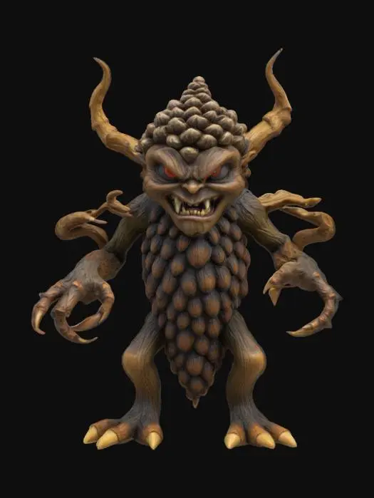 3D model for An extremely detailed angry evil wood forest imp. He has the body of a pine cone with long gangly arms large fierce claws stubby legs with big feet