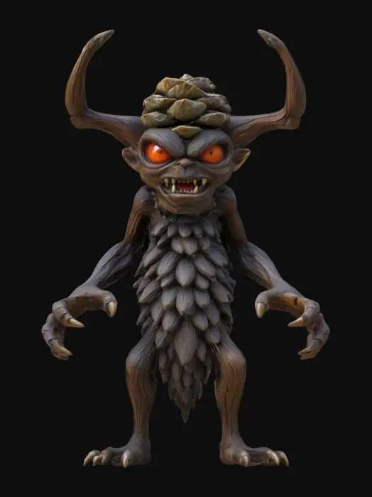 3D model for An extremely detailed angry evil wood forest imp. He has the body of a pine cone with long gangly arms large fierce claws stubby legs with big feet