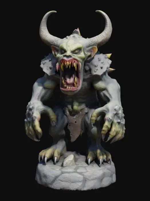 3D model for A evil  demon orc halfling with huge claws big open mouth and spikes all over his back on a stone covered round base 