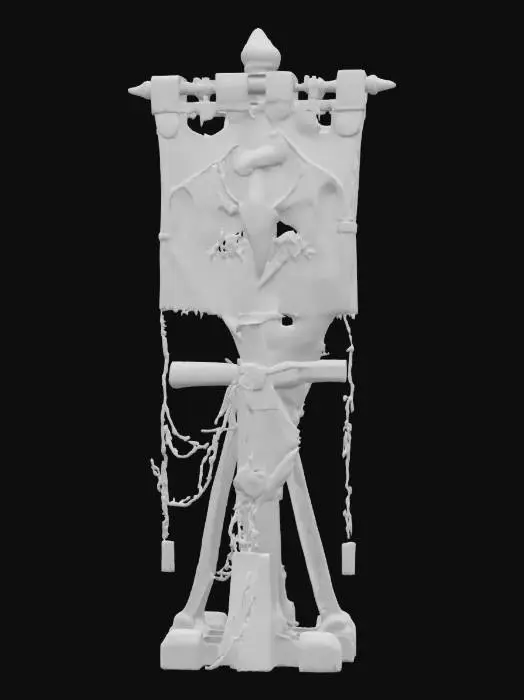 3D model for A stylized medieval war banner stand with a  battle-worn design. The structure consists of a thick wooden post reinforced with jagged black metal plates and spikes. A damaged dragon emblem  with a dark emblem hangs from a sturdy wooden crossbeam, secured by heavy metal chains. The base is reinforced with sharp, uneven black metal, giving it a brutal, fortress-like appearance. The overall design is dark, powerful, and fitting for a fantasy or war-torn setting., #emblem#