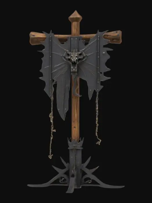 3D model for A stylized medieval war emblem stand with a  battle-worn design. The structure consists of a thick wooden post reinforced with jagged black metal plates and spikes. A damaged square bronze dragon hung by chains hangs from a crossbeam, made from bones secured by heavy metal chains. The base is reinforced with sharp, uneven black metal, giving it a brutal, fortress-like appearance. The overall design is dark, powerful, and fitting for a fantasy setting., #emblem#