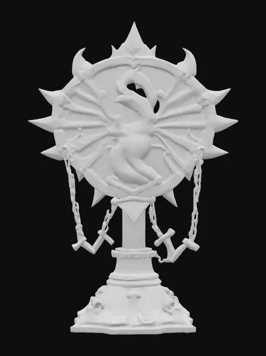 3D model for A stylized medieval war emblem stand with a  battle-worn design. The structure consists of a thick wooden post reinforced with jagged black metal plates and spikes. A damaged square bronze dragon hung by chains hangs from a crossbeam, made from bones secured by heavy metal chains. The base is reinforced with sharp, uneven black metal, giving it a brutal, fortress-like appearance. The overall design is dark, powerful, and fitting for a fantasy setting., #emblem#