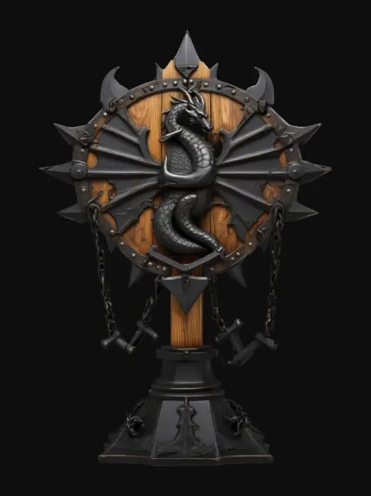 3D model for A stylized medieval war emblem stand with a  battle-worn design. The structure consists of a thick wooden post reinforced with jagged black metal plates and spikes. A damaged square bronze dragon hung by chains hangs from a crossbeam, made from bones secured by heavy metal chains. The base is reinforced with sharp, uneven black metal, giving it a brutal, fortress-like appearance. The overall design is dark, powerful, and fitting for a fantasy setting., #emblem#