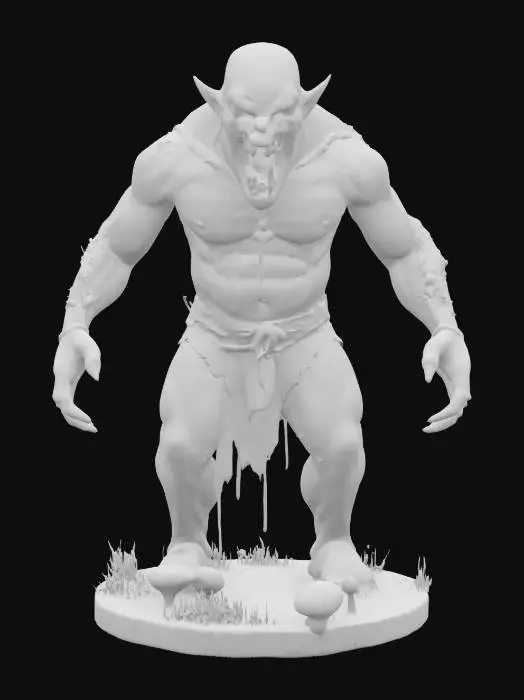 3D model for a huge gross zombie ogre on a round base covered in weeds and mushrooms 