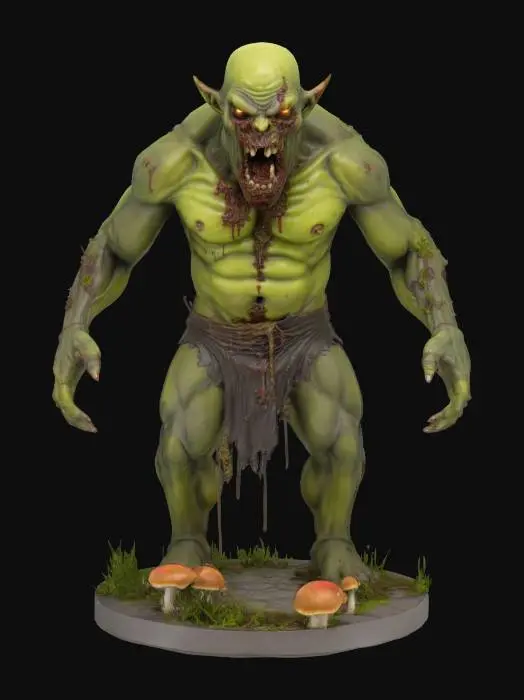 3D model for a huge gross zombie ogre on a round base covered in weeds and mushrooms 