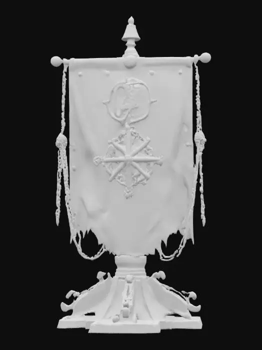 3D model for A stylized medieval war banner stand with a  battle-worn design. The structure consists of a thick wooden post reinforced with jagged black metal plates and spikes. A damaged square bronze dragon hung by chains hangs from a sturdy wooden crossbeam, secured by heavy metal chains. The base is reinforced with sharp, uneven black metal, giving it a brutal, fortress-like appearance. The overall design is dark, powerful, and fitting for a fantasy setting., #emblem#