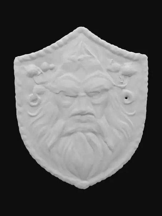 3D model for Warlock face, patch highly detailed embroidery in a shield shaped fabric patch, clear stich's and threads. Bright colorful yarn and thread