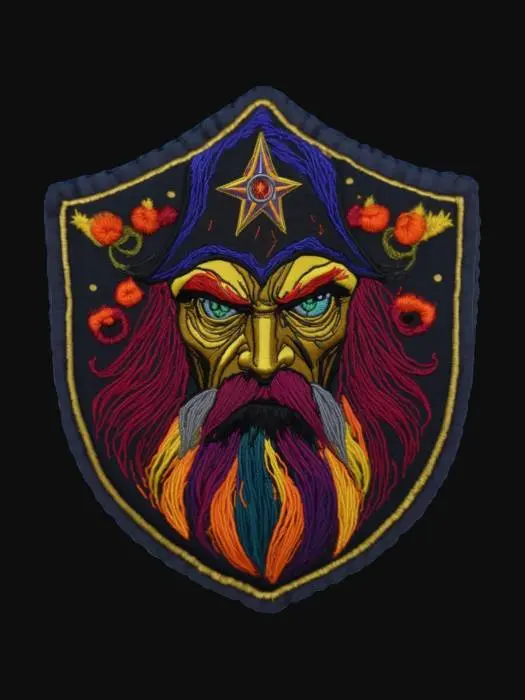 3D model for Warlock face, patch highly detailed embroidery in a shield shaped fabric patch, clear stich's and threads. Bright colorful yarn and thread