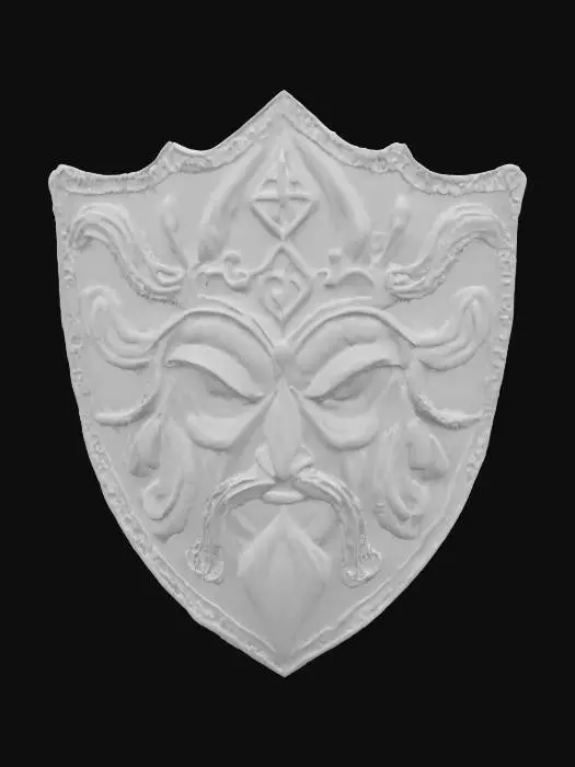 3D model for Warlock face, patch highly detailed embroidery in a shield shaped fabric patch, clear stich's and threads. Bright colorful yarn and thread