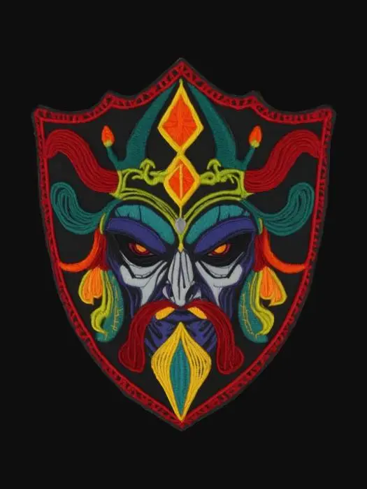3D model for Warlock face, patch highly detailed embroidery in a shield shaped fabric patch, clear stich's and threads. Bright colorful yarn and thread
