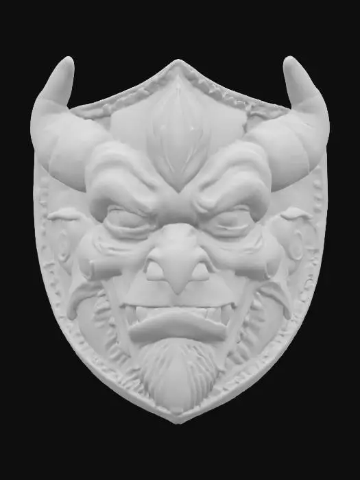 3D model for Warlock face, patch highly detailed embroidery in a shield shaped fabric patch, clear stich's and threads. Bright colorful yarn and thread 