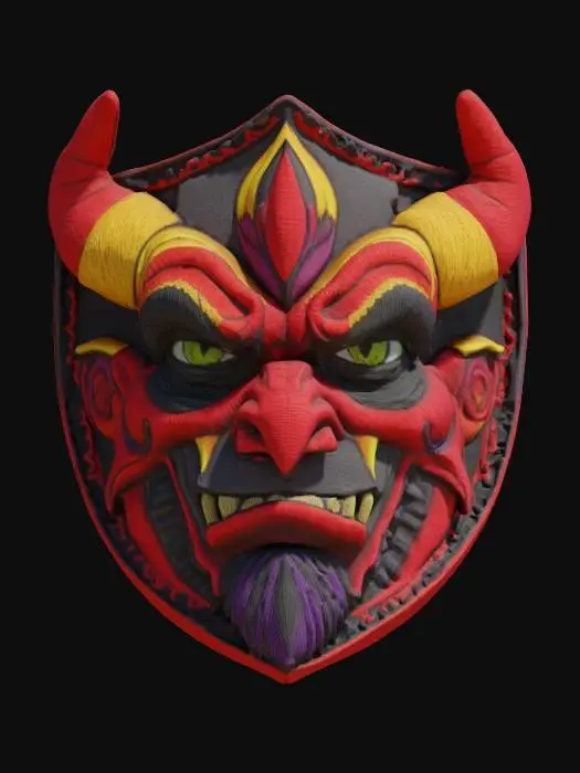 3D model for Warlock face, patch highly detailed embroidery in a shield shaped fabric patch, clear stich's and threads. Bright colorful yarn and thread 
