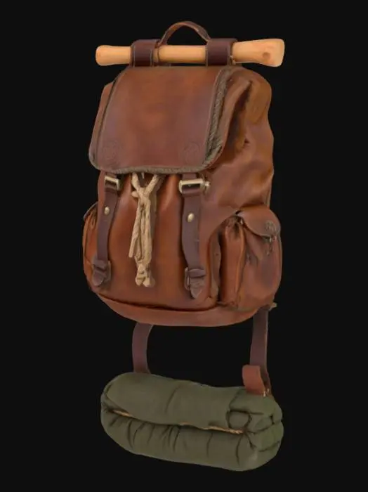 3D model for Medieval Back pack made of leather on a wooden frame with a sleeping bag rolled up at the bottom highly detailed soft textured leather hemp rope tying the backpack to the wooden frame and the sleeping bag to the bottom of the wooden frame below the backpack