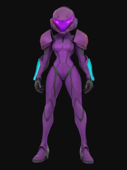 3D model for Metroid Samus helmet on female body tight fit purple jumpsuit 