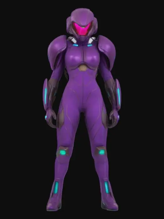 3D model for Metroid Samus helmet on female body tight fit purple jumpsuit 