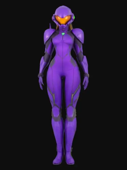 3D model for Metroid Samus helmet on female body tight fit purple jumpsuit 