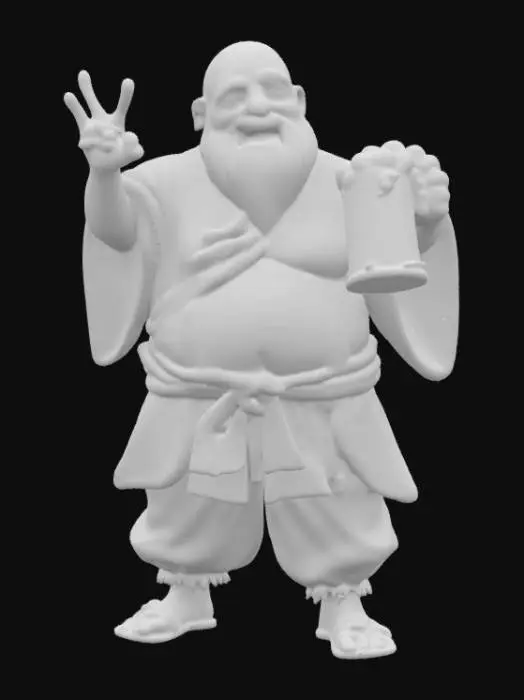 3D model for A drunken warrior He's in Asian monk clothing. He is overweight and in a crouched leaned back position one hand is out forward in a two-finger piece pose The other is holding a Stein of beer