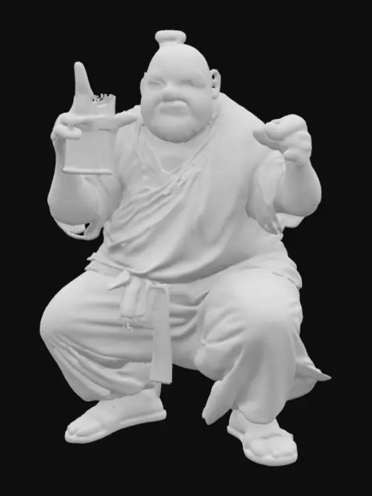3D model for A drunken warrior He's in Asian monk clothing. He is overweight and in a crouched leaned back position one hand is out forward in a two-finger piece pose The other is holding a Stein of beer