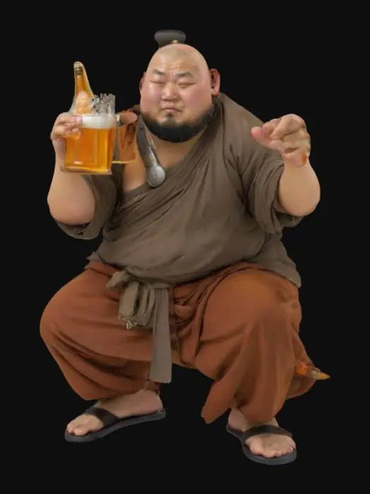 3D model for A drunken warrior He's in Asian monk clothing. He is overweight and in a crouched leaned back position one hand is out forward in a two-finger piece pose The other is holding a Stein of beer