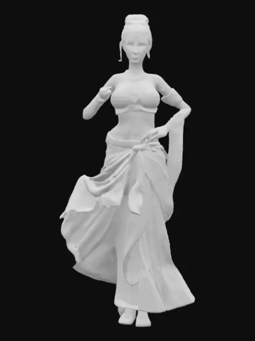 3D model for A beautiful Renaissance woman belly dancer full body in a dance pose. She is wearing a puffy crop top shirt and a long dress she has a gold chain wrapped around her waist with a jewel near her belly button she also has gold charms wrapped around her head on her forehead