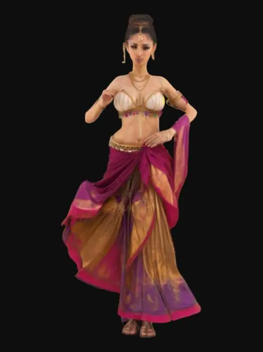 3D model for A beautiful Renaissance woman belly dancer full body in a dance pose. She is wearing a puffy crop top shirt and a long dress she has a gold chain wrapped around her waist with a jewel near her belly button she also has gold charms wrapped around her head on her forehead