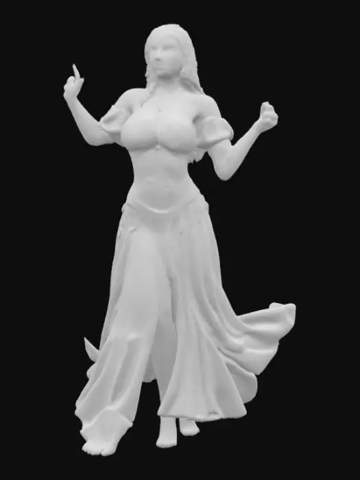 3D model for A beautiful Renaissance woman belly dancer full body in a dance pose. She is wearing a puffy crop top shirt and a long dress she has a gold chain wrapped around her waist with a jewel near her belly button she also has gold charms wrapped around her head on her forehead