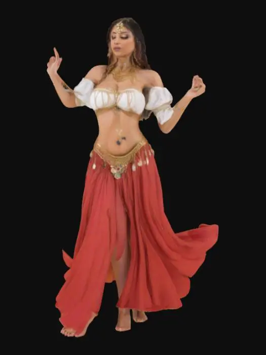 3D model for A beautiful Renaissance woman belly dancer full body in a dance pose. She is wearing a puffy crop top shirt and a long dress she has a gold chain wrapped around her waist with a jewel near her belly button she also has gold charms wrapped around her head on her forehead