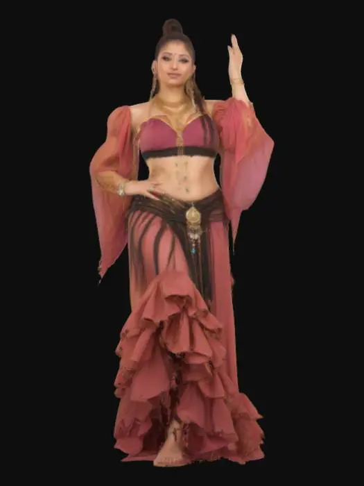 3D model for A beautiful Renaissance woman belly dancer full body in a dance pose. She is wearing a puffy crop top shirt and a long dress she has a gold chain wrapped around her waist with a jewel near her belly button she also has gold charms wrapped around her head on her forehead