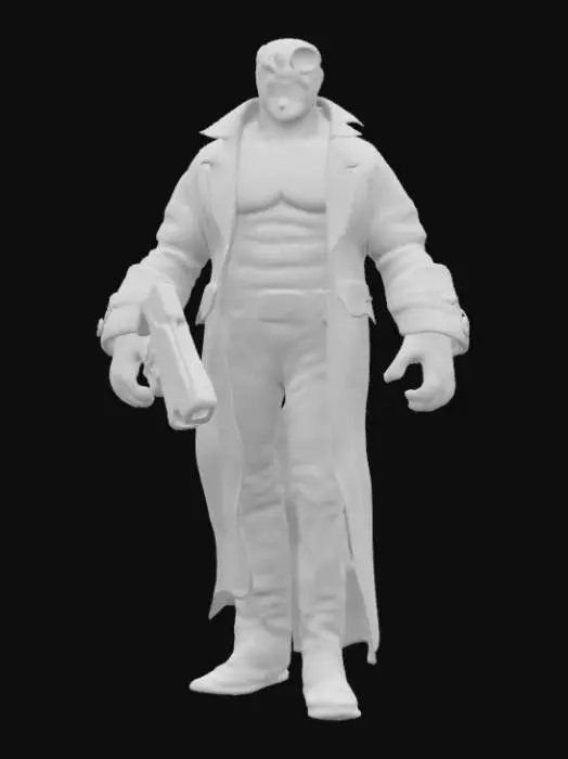 3D model for Hellboy extremely muscular in a trench coat no shirt holding his huge handgun