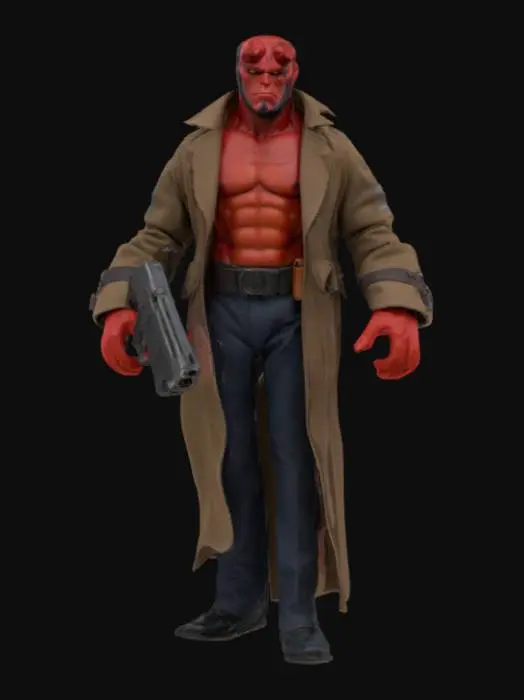 3D model for Hellboy extremely muscular in a trench coat no shirt holding his huge handgun