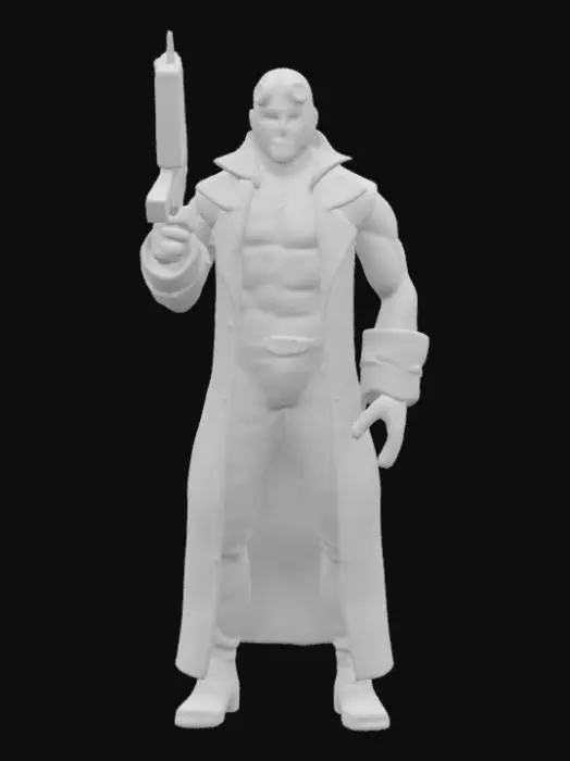 3D model for Hellboy extremely muscular in a trench coat no shirt holding his huge handgun