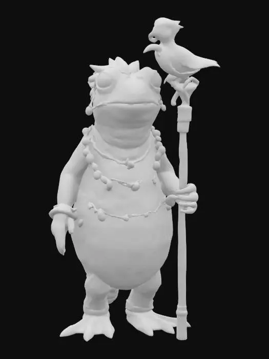 3D model for The object is a character with an amphibian-like, bulbous shape, rough texture, and adorned with accessories, holding a staff with a bird-like carving., 