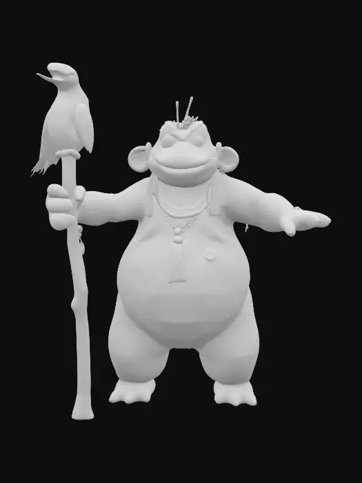 3D model for The object is a character with an amphibian-like, bulbous shape, rough texture, and adorned with accessories, holding a staff with a bird-like carving., 