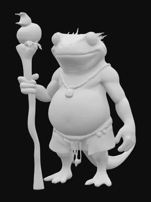 3D model for The object is a character with an amphibian-like, bulbous shape, rough texture, and adorned with accessories, holding a staff with a bird-like carving., 