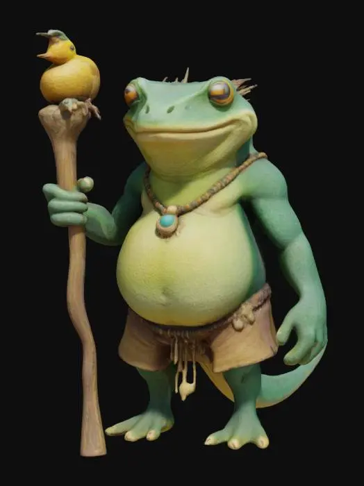 3D model for The object is a character with an amphibian-like, bulbous shape, rough texture, and adorned with accessories, holding a staff with a bird-like carving., 