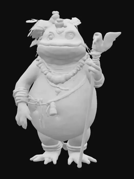 3D model for The object is a character with an amphibian-like, bulbous shape, rough texture, and adorned with accessories, holding a staff with a bird-like carving., 