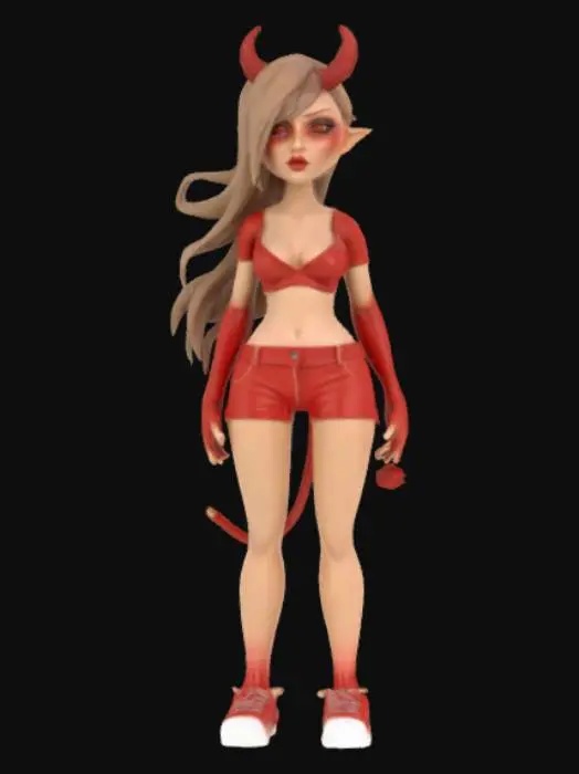 3D model for The object is a female figurine with exaggerated human-like features, smooth red and beige surfaces, flowing hair, and a curvaceous form emphasizing its stance. She is wearing cut off shorts and a crop top shirt. She has small devil horns and short messy hair. Fantasy style makeup great lighting highly detailed ultra-realistic , 