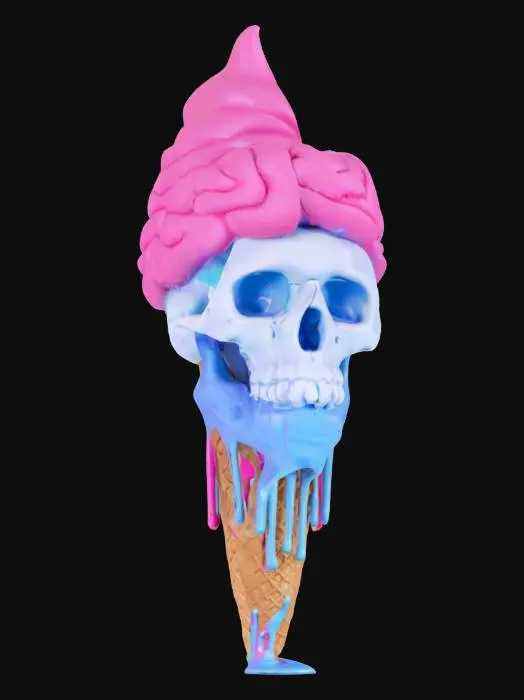 3D model for The object is an ice cream cone with a melting skull and brain design, featuring vibrant colors and dripping textures., 
