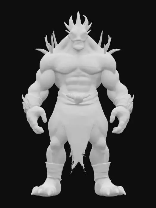 3D model for A highly detailed demonic monster model with a massive, muscular body and rough, pale red skin covered in spikes and black spots. It has a fierce face with glowing yellow eyes, sharp teeth and pointed ears. The creature wears weathered silver wristbands and a dark brown fur loincloth with a metal belt. Its large hands and feet have sharp, dark claws, giving it a powerful and battle-ready appearance