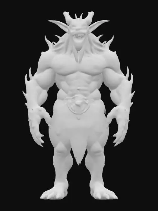 3D model for A highly detailed demonic monster model with a massive, muscular body and rough, pale red skin covered in spikes and black spots. It has a fierce face with glowing yellow eyes, sharp teeth and pointed ears. The creature wears weathered dark brown fur loincloth with a metal belt. Its large hands and feet have sharp, dark claws, giving it a powerful and battle-ready appearance