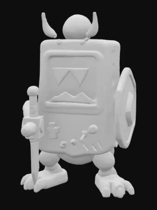 3D model for Nintendo game boy monster game boy body with a monster mouth arms and legs game asset battle ready holding a shield and a sword in a cartoon style oversized characteristics