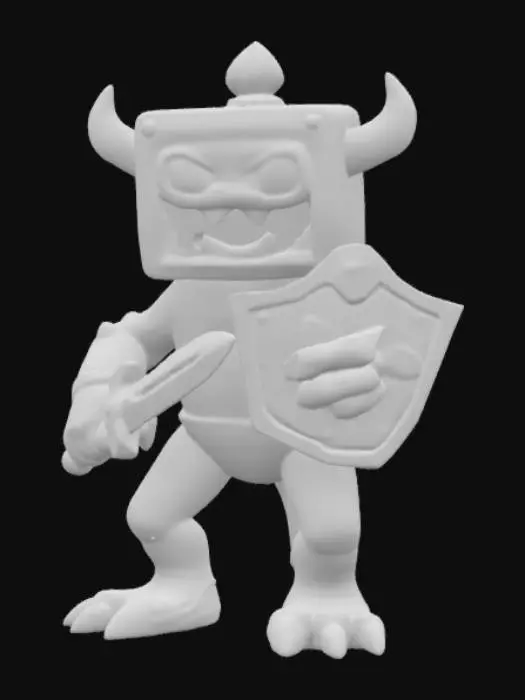 3D model for Nintendo game boy monster game boy body with a monster mouth arms and legs game asset battle ready holding a shield and a sword in a cartoon style oversized characteristics