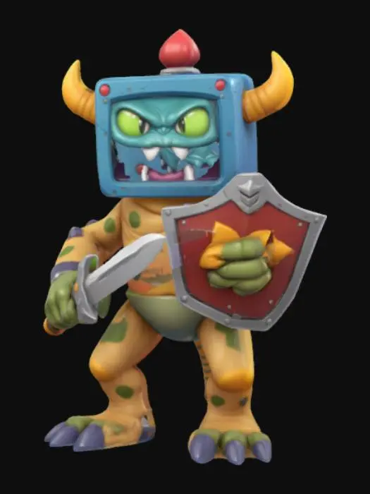 3D model for Nintendo game boy monster game boy body with a monster mouth arms and legs game asset battle ready holding a shield and a sword in a cartoon style oversized characteristics
