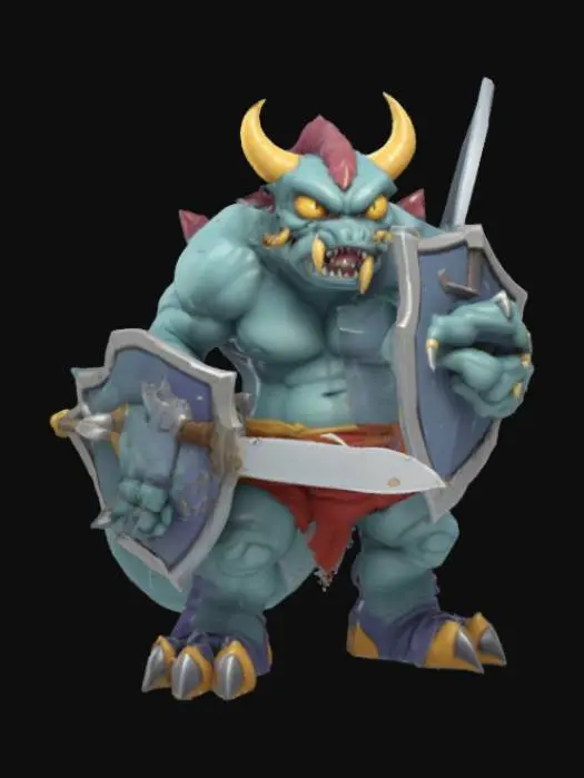 3D model for Nintendo game boy monster game boy body with a monster mouth arms and legs game asset battle ready holding a shield and a sword in a cartoon style oversized characteristics