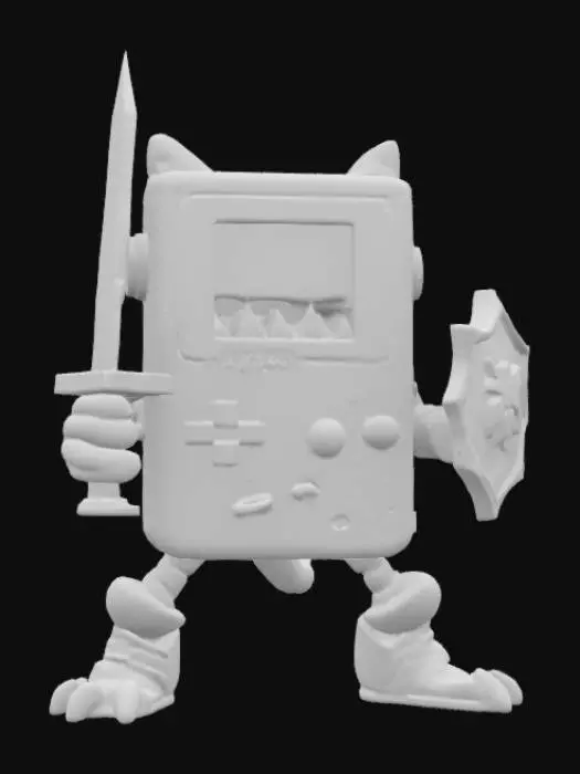 3D model for Nintendo game boy monster rectangle game boy body with a monster mouth arms and legs game asset battle ready holding a shield and a sword in a cartoon style oversized characteristics