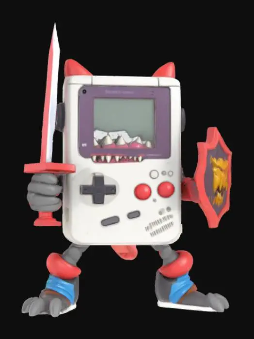 3D model for Nintendo game boy monster rectangle game boy body with a monster mouth arms and legs game asset battle ready holding a shield and a sword in a cartoon style oversized characteristics