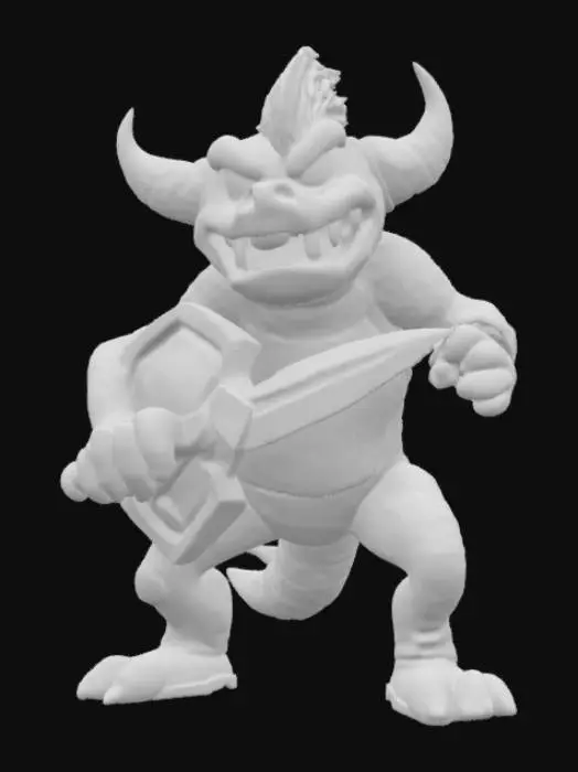3D model for Sega game gear monster rectangle game boy body with a monster mouth arms and legs game asset battle ready holding a shield and a sword in a cartoon style oversized characteristics