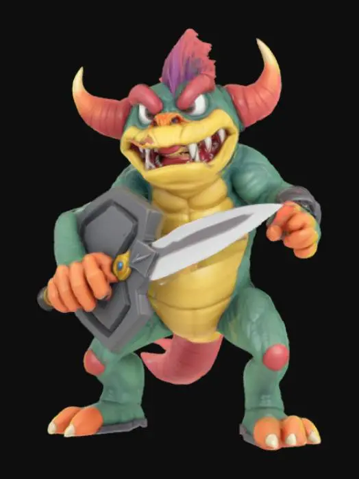 3D model for Sega game gear monster rectangle game boy body with a monster mouth arms and legs game asset battle ready holding a shield and a sword in a cartoon style oversized characteristics