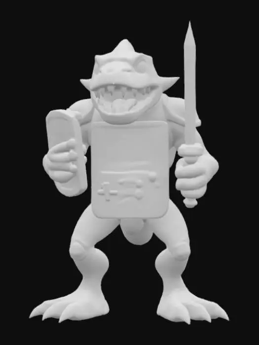 3D model for Sega game gear monster rectangle game boy body with a monster mouth arms and legs game asset battle ready holding a shield and a sword in a cartoon style oversized characteristics